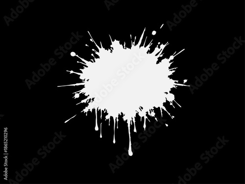 Abstract black ink splatter on a pure white background, irregular organic shape with rough jagged edges, paint drips and splashes radiating outward, high contrast, grunge texture, minimalist.