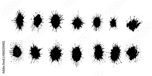 Abstract black ink splatter on a pure white background, irregular organic shape with rough jagged edges, paint drips and splashes radiating outward, high contrast, grunge texture, minimalist.