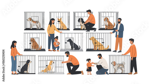 Heartwarming scene of multiple people compassionately interacting with dogs in cages at an animal shelter, highlighting pet adoption and care efforts.