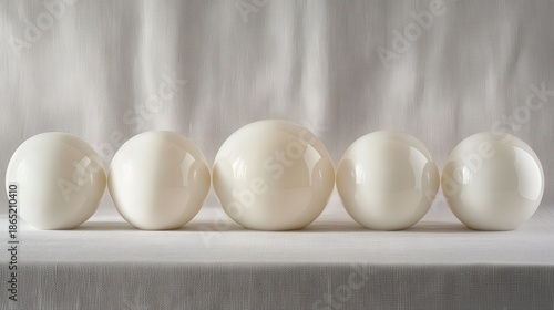 Three smooth white ceramic spheres of varying sizes arranged on a textured surface with a soft fabric background