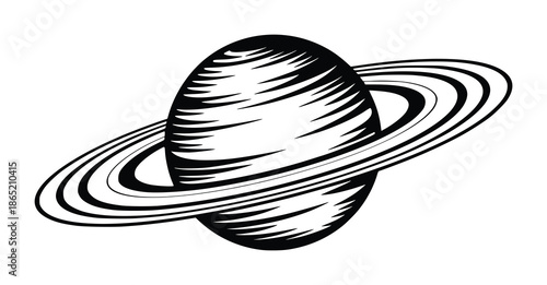 Stylized black and white of a planet with rings space cosmos