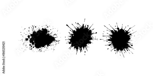 Abstract black ink splatter on a pure white background, irregular organic shape with rough jagged edges, paint drips and splashes radiating outward, high contrast, grunge texture, minimalist.