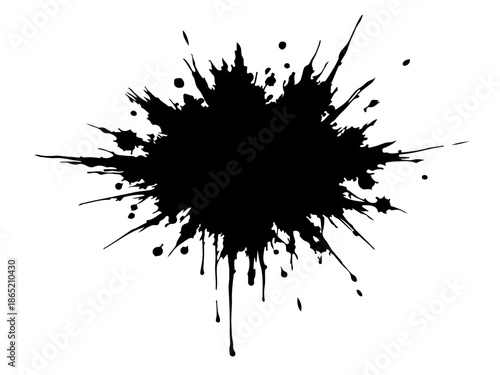 Abstract black ink splatter on a pure white background, irregular organic shape with rough jagged edges, paint drips and splashes radiating outward, high contrast, grunge texture, minimalist.