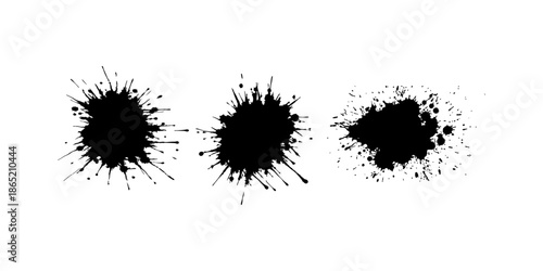 Abstract black ink splatter on a pure white background, irregular organic shape with rough jagged edges, paint drips and splashes radiating outward, high contrast, grunge texture, minimalist.