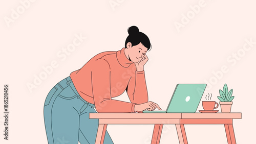 Woman working on laptop at desk with coffee and plant, modern flat illustration