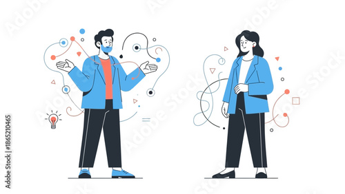 Business People Discussing Ideas with Abstract Network and Lightbulb Illustration