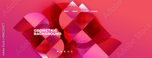 Abstract geometric background. Pink, red hues blend. Navigation menu present. Modern design elements visible. Simple, clean aesthetic.