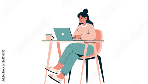 Woman working on laptop at desk, illustration, remote work, home office, and online learning concept