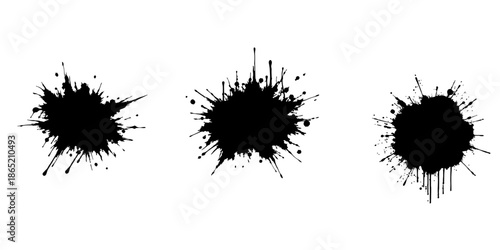 Abstract black ink splatter on a pure white background, irregular organic shape with rough jagged edges, paint drips and splashes radiating outward, high contrast, grunge texture, minimalist.