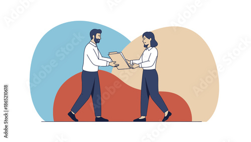 Business people exchanging documents, collaboration, teamwork, modern flat illustration