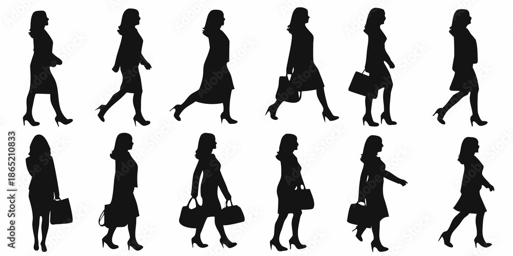Fototapeta premium Silhouettes of women in various poses displaying modern fashion and style