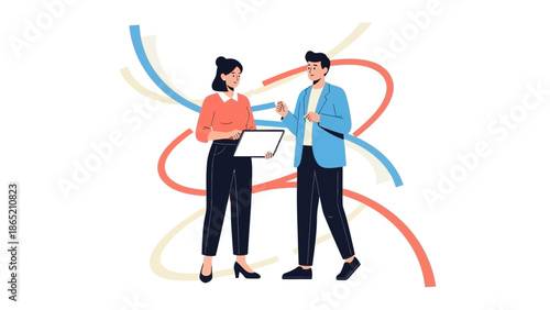 Business professionals discussing ideas with tablet, abstract background