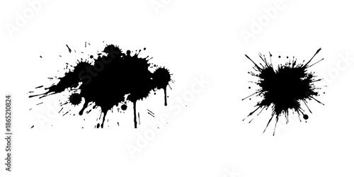 Abstract black ink splatter on a pure white background, irregular organic shape with rough jagged edges, paint drips and splashes radiating outward, high contrast, grunge texture, minimalist.