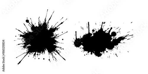 Abstract black ink splatter on a pure white background, irregular organic shape with rough jagged edges, paint drips and splashes radiating outward, high contrast, grunge texture, minimalist.