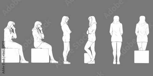 A sequence of stylized female figures in various pensive or relaxed poses