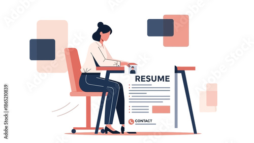 Woman writing resume at desk, job application, career development, recruitment concept illustration.