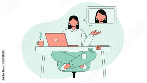 Woman working remotely on laptop with video call, online communication, flat illustration