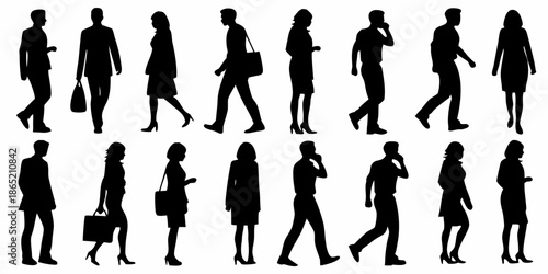 Silhouettes of diverse people walking representing modern urban life and business