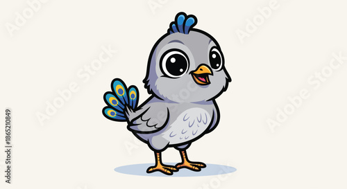 Delightful Cartoon Chick Character with Blue and Yellow Feather Details Standing and Smiling, Isolated on Simple Background