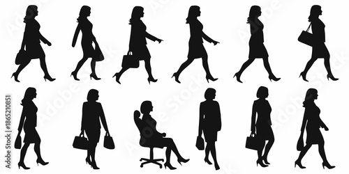 Silhouettes of women walking standing and sitting in various poses