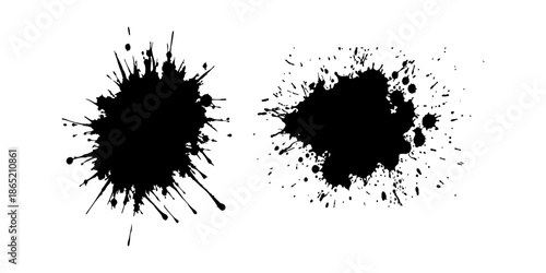 Abstract black ink splatter on a pure white background, irregular organic shape with rough jagged edges, paint drips and splashes radiating outward, high contrast, grunge texture, minimalist.