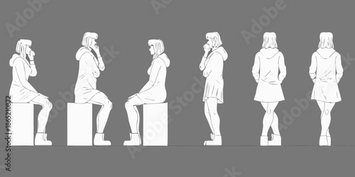 Line art illustration of women in hoodies seated on concrete blocks