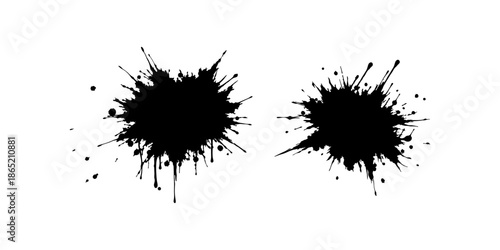 Abstract black ink splatter on a pure white background, irregular organic shape with rough jagged edges, paint drips and splashes radiating outward, high contrast, grunge texture, minimalist.