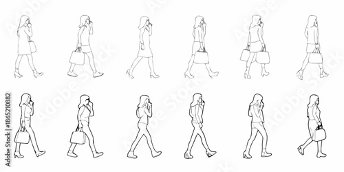 A series of minimalist line drawings depicting women walking with shopping bags