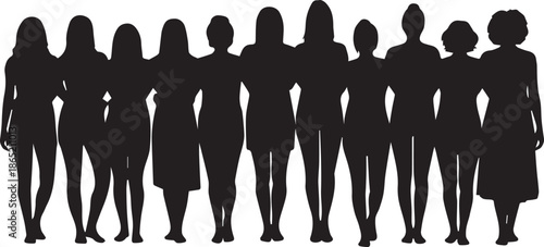 Silhouette of a diverse group of women standing together arm in arm