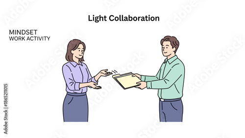 Business team collaboration, sharing documents, teamwork, communication, office work, vector illustration
