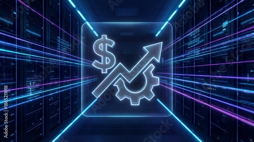 Neon Dollar Sign and Growth Arrow Icon inside Data Center Server Room
