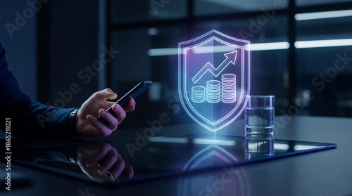 Hand Holding Smartphone with Holographic Shield and Financial Growth Chart