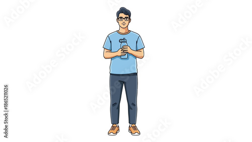 Young man holding a water bottle, casual style, healthy lifestyle concept