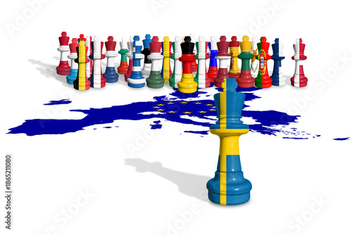 Chess made from EU members and Sweden flags. The European Union is a political and economic union of 27 European countries
