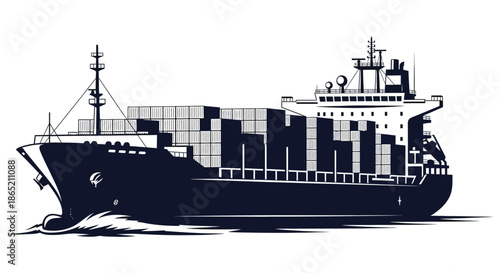 A striking black and white illustration of a large cargo ship sailing through water silhouette
