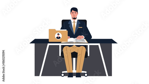 Businessman at Desk with Folder and Book - Office Work Concept