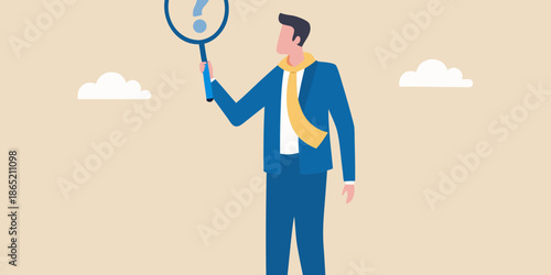 Man holding a magnifying glass over a question mark in the clouds