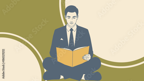 Businessman Meditating While Reading Book, Business Mindfulness and Self-Improvement Concept