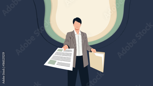 Businessman offering documents and folder, professional presentation, graphic illustration