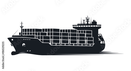 A striking black silhouette of a large container ship navigating the waters conveying global trade silhouette