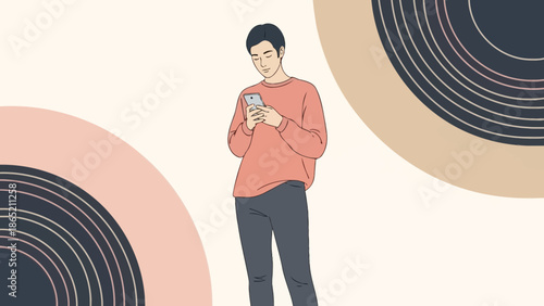 Young man holding smartphone, minimalist illustration, modern lifestyle concept