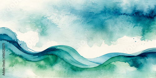 Abstract blue paint background using liquid fluid watercolor and alcohol ink grunge texture, horizontal ocean wave graphic element isolated on white backdrop