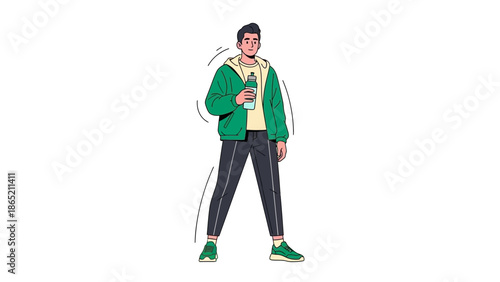 Young Man Holding Water Bottle, Casual Sportswear, White Background