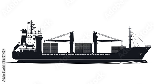 a striking black and white depiction of a large cargo ship sailing on the water silhouette