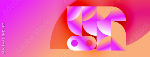 Abstract geometric composition. Pink, purple hues dominate design. Shapes overlap creating dynamic visual effect. Modern aesthetic.