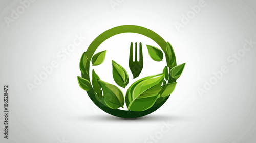 Eco-friendly green leaves and fork logo design. Natural organic healthy food, vegan, vegetarian, or sustainable diet concept icon.