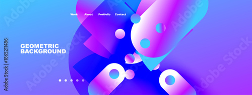 Abstract geometric background. Vivid blue, purple gradients create dynamic visual effect. Navigation menu present, simple design.
