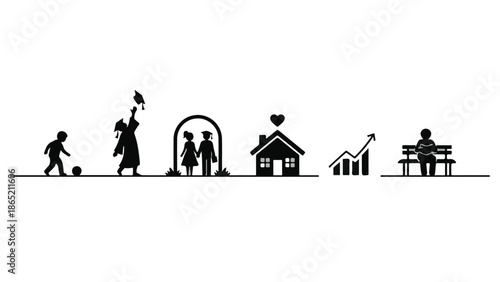 Family life journey stages silhouette, happy family, home, love, relationship, growth, lifestyle, modern, flat design, illustration