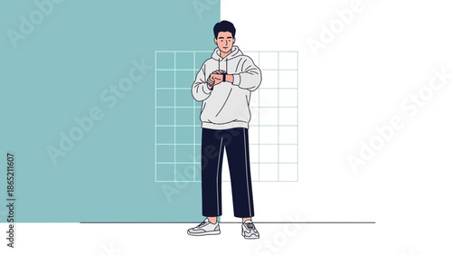 Young man in hoodie checking smartwatch, modern minimalist illustration