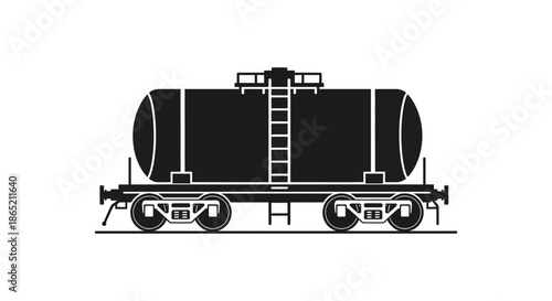 A stark black and white depiction of a rail tank car showcasing industrial transport and logistics silhouette